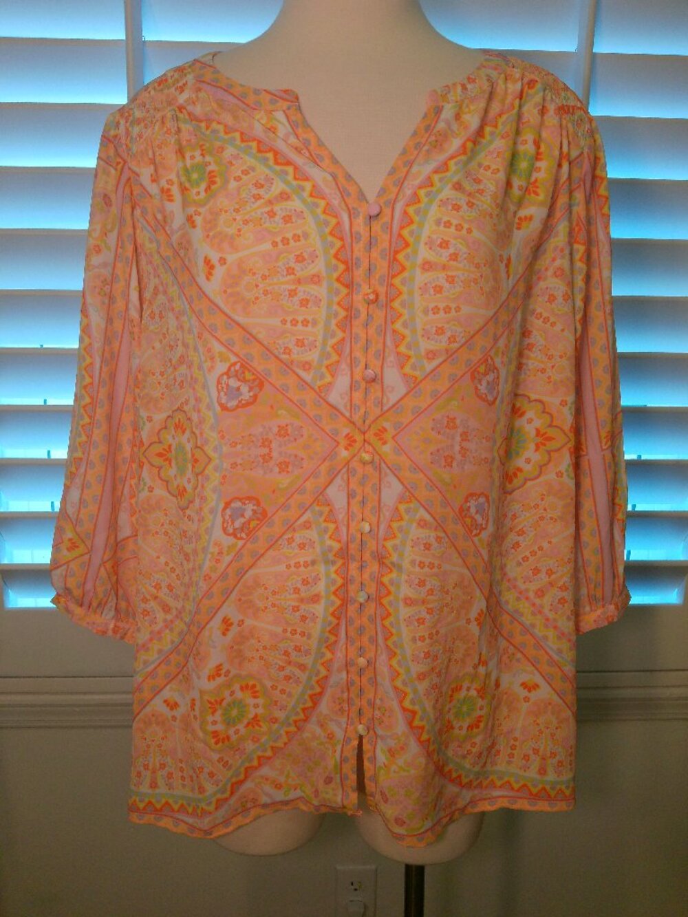 Blouse Paisley Floral Lightweight Spring Summer Rose & Olive Button Front Size1X